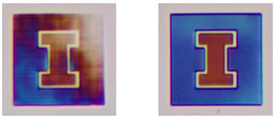 A line grating fabricated with SCRIBE to form the UIUC "I" logo with accurate colors. The left was fabricated without improvements, and the right grating incorporates the improvements. Image Credit: University of Illinois Urbana-Champaign